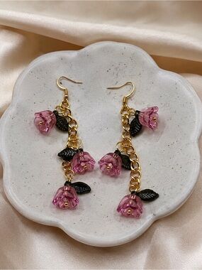 Gold-Tone Pink Flower Chain Drop Earrings